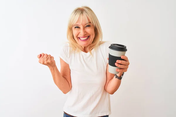 Middle Age Woman Drinking Glass Take Away Coffee Standing Isolated — Stock Photo, Image