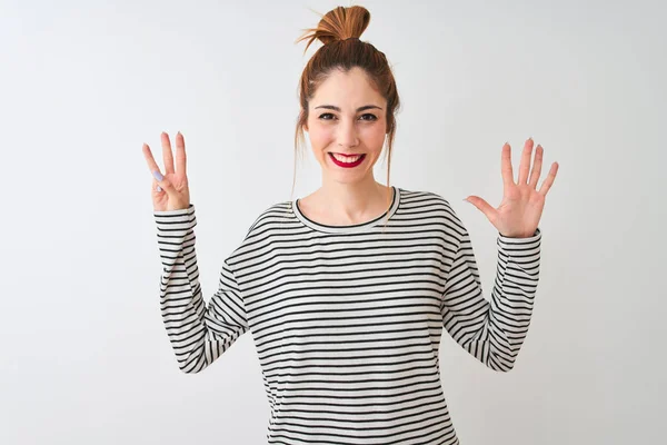 Redhead Woman Wearing Navy Striped Shirt Standing Isolated White Background — Stock Photo, Image