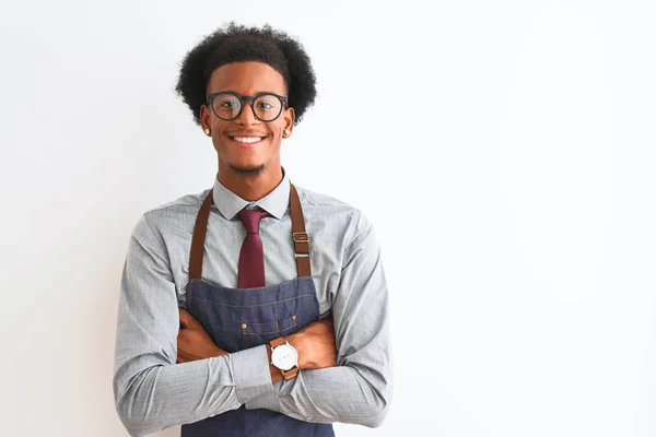 Ung Afrikansk Amerikansk Butiksinnehavare Man Bär Förkläde Glasögon Över Isolerad — Stockfoto