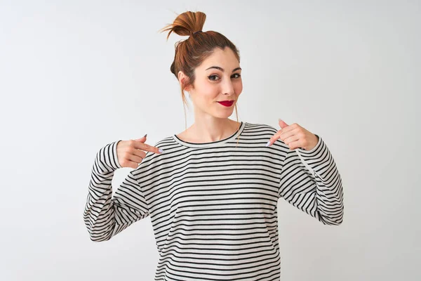 Redhead Woman Wearing Navy Striped Shirt Standing Isolated White Background — Stock Photo, Image