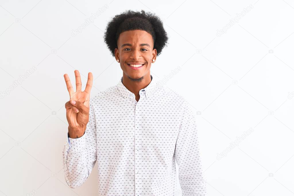 Young african american man wearing elegant shirt standing over isolated white background showing and pointing up with fingers number three while smiling confident and happy.