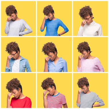 Sarı arka plan üzerindeki güzel Afrikalı kız kolajı yorgun burnu ve gözleri ovuşturmak yorgunluk ve baş ağrısı. Stres ve hüsran kavramı.