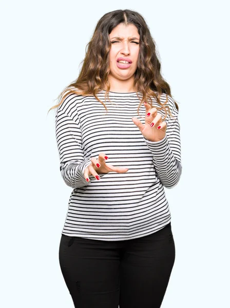 Giovane Bella Donna Che Indossa Maglione Strisce Espressione Disgustata Dispiaciuto — Foto Stock