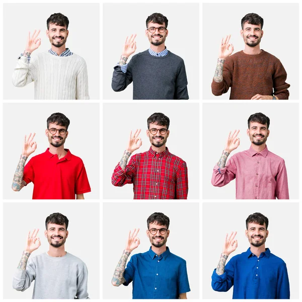 Collage Hombre Joven Sobre Fondo Aislado Sonriendo Positiva Haciendo Signo —  Fotos de Stock