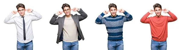 Collage Joven Hombre Negocios Guapo Sobre Fondo Aislado Sonriendo Tirando — Foto de Stock