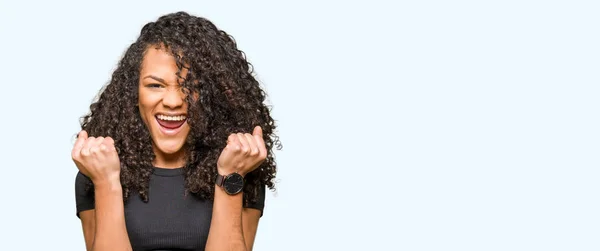 Young Beautiful Woman Curly Hair Celebrating Surprised Amazed Success Arms — Stock Photo, Image