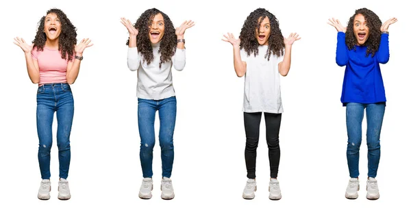 Colagem Bela Jovem Com Cabelos Encaracolados Sobre Fundo Isolado Branco — Fotografia de Stock