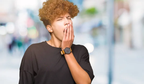 Young Handsome Man Afro Hair Wearing Black Shirt Bored Yawning — Stock Photo, Image