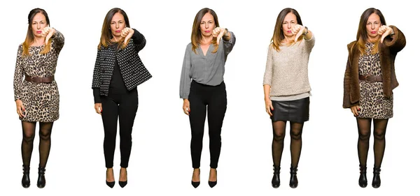 Collage Einer Eleganten Frau Mittleren Alters Vor Isoliertem Weißem Hintergrund — Stockfoto