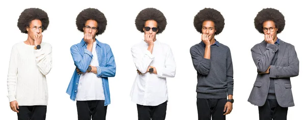 Kollázs Fiatalember Afro Haj Alatt Fehér Elszigetelt Háttér Látszó Hangsúlyozni — Stock Fotó