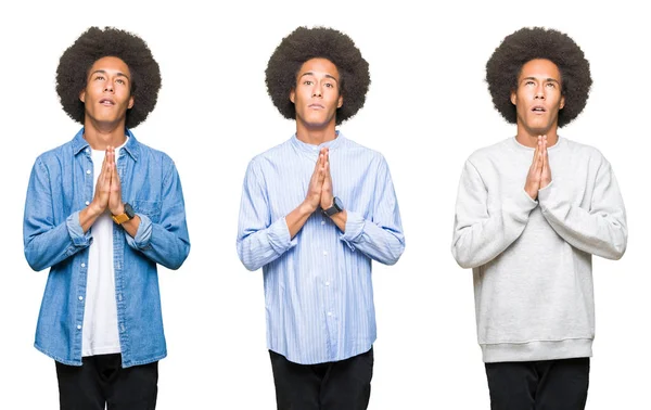 白の孤立した背景物乞いの上にアフロの髪を持つ若い男のコラージュと顔の希望の表現と一緒に手で祈って非常に感情的で心配しています 赦しを求めています 宗教概念 — ストック写真