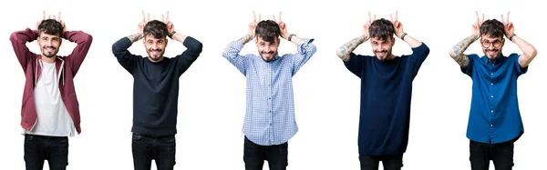 Koláž Mladíka Izolované Pozadí Vydává Legrační Bláznivé Prsty Hlavu Uši — Stock fotografie