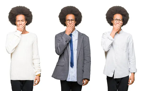 Colagem Jovem Com Cabelo Afro Sobre Fundo Isolado Branco Entediado — Fotografia de Stock