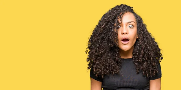 Young Beautiful Woman Curly Hair Afraid Shocked Surprise Expression Fear — Stock Photo, Image