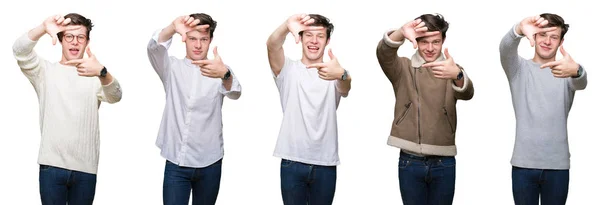 Koláž Mladého Muže Nad Pozadím Izolované Provedení Rámu Rukama Prsty — Stock fotografie