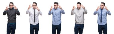 Yakışıklı iş adamlarının kolajı beyaz arka planda öfkeyle haykırıyor, elleri boğmaya çalışıyor, deli gibi bağırıyor