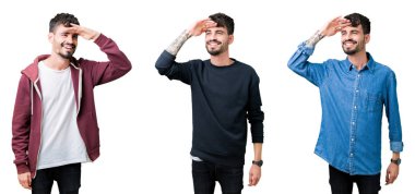 Kolaj izole arka plan çok mutlu ve gülümseyen uzakta el ile üzerine kafa arıyorum genç adam. Arama kavramı.