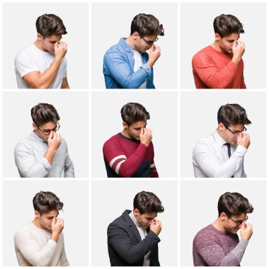 İzole arka plan üzerinde genç yakışıklı iş adamı kolaj burun ve gözler yorgunluk ve baş ağrısı hissi yorgun. Stres ve hayal kırıklığı kavramı.