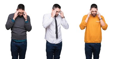 Çünkü kolaj yakışıklı adam beyaz bir arka plan baş baş ağrısı için el ile izole stres. Migren muzdarip.