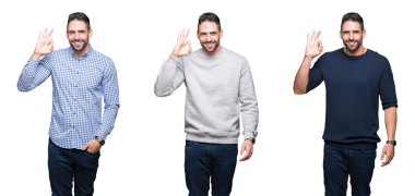 Beyaz izole arka plan üzerinde yakışıklı iş adamı Kolaj el ve parmaklar ile ok işareti yapıyor olumlu gülümseyerek. Başarılı ifade.