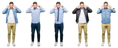 Beyaz izole arka plan üzerinde çekici genç adam kolaj gürültülü müzik gürültü için rahatsız ifade ile parmaklar ile kulakları kaplayan. Sağır kavramı.