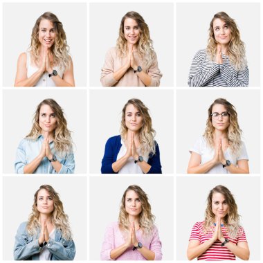 İzole arka plan üzerinde genç güzel sarışın kız kolaj el ile birlikte AF gülümseyen güven isteyen dua.