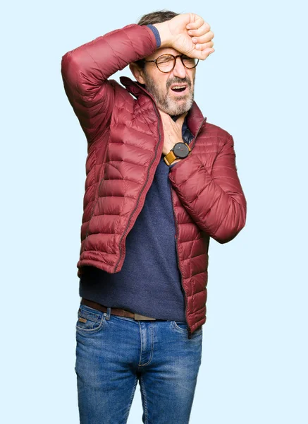 Middle Age Handsome Man Wearing Glasses Winter Coat Touching Forehead — Stock Photo, Image