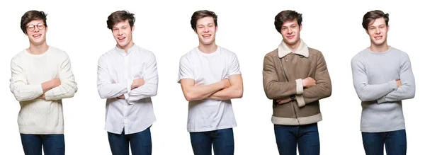 Colagem Jovem Sobre Fundo Branco Isolado Rosto Feliz Sorrindo Com — Fotografia de Stock