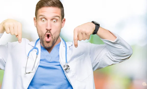 Handsome Doctor Man Wearing Medical Uniform Isolated Background Pointing Fingers — Stock Photo, Image