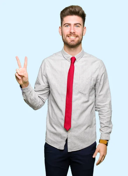 Young Handsome Business Man Showing Pointing Fingers Number Two While — Stock Photo, Image