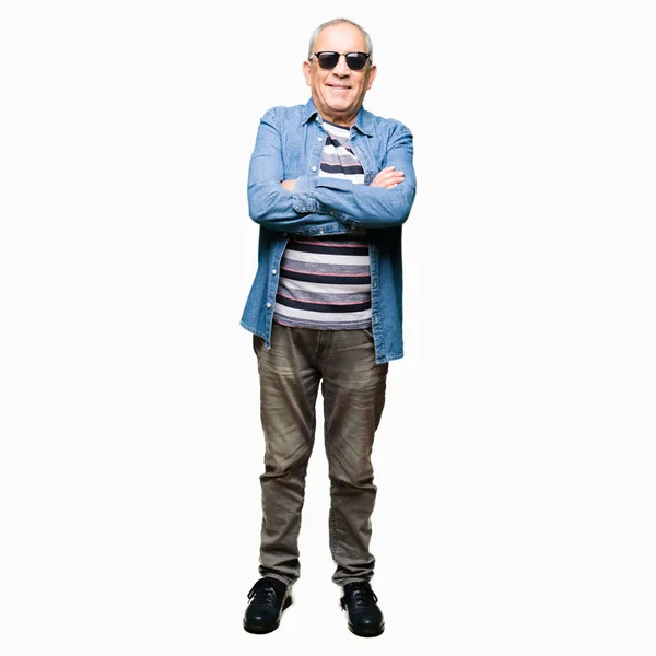 Bell Uomo Anziano Che Indossa Giacca Jeans Occhiali Sole Volto — Foto Stock