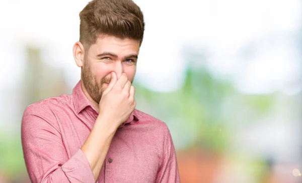 Young Handsome Business Casual Man Smelling Something Stinky Disgusting Intolerable — Stock Photo, Image