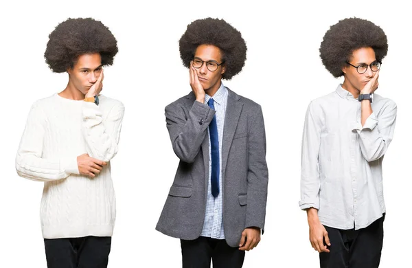 Colagem Jovem Com Cabelo Afro Sobre Fundo Isolado Branco Pensando — Fotografia de Stock