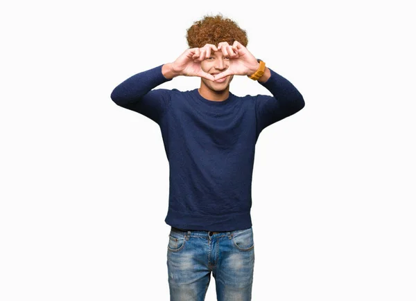 Young Handsome Man Afro Hair Doing Heart Shape Hand Fingers — Stock Photo, Image