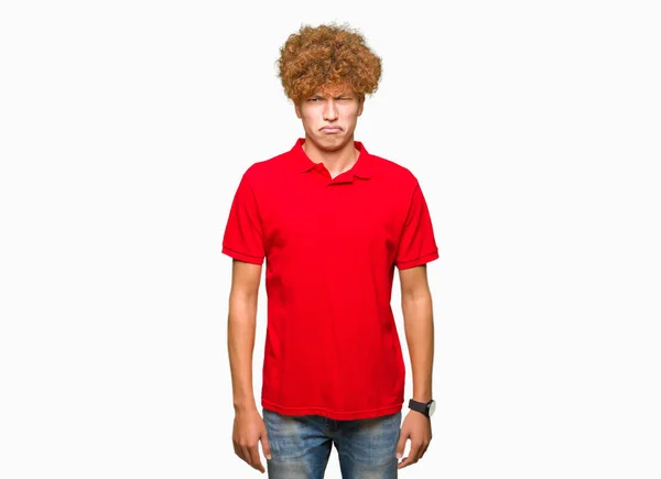 Ung Stilig Man Med Afro Hår Klädd Röd Shirt Deprimerad — Stockfoto