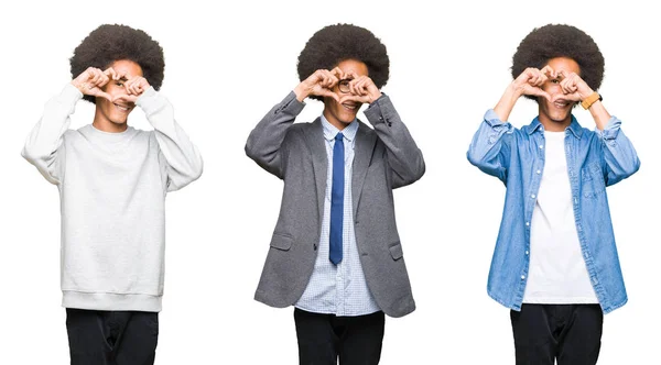 Colagem Jovem Com Cabelo Afro Sobre Fundo Isolado Branco Fazendo — Fotografia de Stock