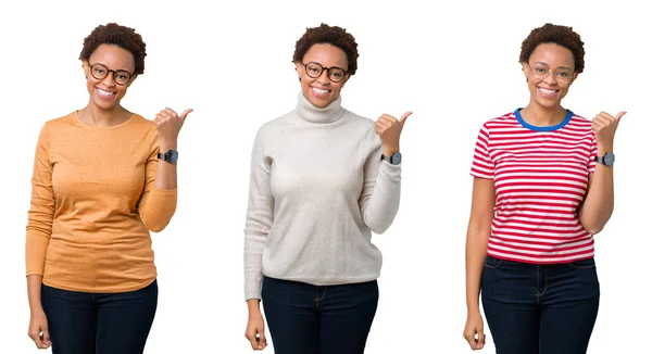 Ung Afrikansk Amerikansk Kvinna Med Afro Hår Bär Glasögon Leende — Stockfoto