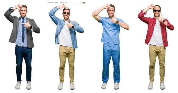 Colagem Atraente Jovem Sobre Fundo Isolado Branco Sorrindo Fazendo Quadro — Fotografia de Stock