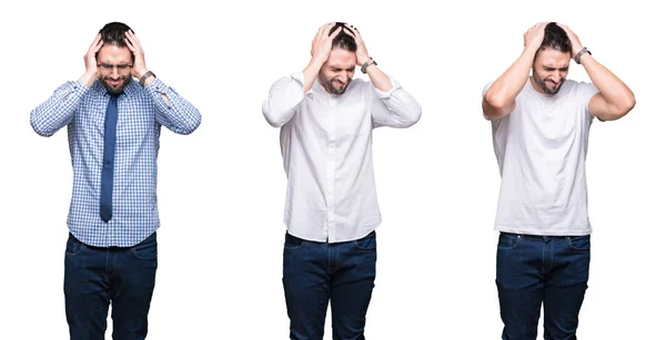 Colagem Homem Negócios Bonito Sobre Fundo Isolado Branco Sofrendo Dor — Fotografia de Stock