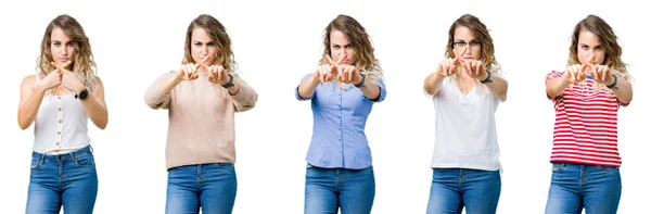 Collage Von Jungen Schönen Blonden Mädchen Über Isolierten Hintergrund Ablehnung — Stockfoto