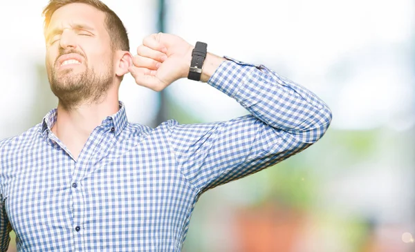 Handsome Business Man Blue Eyes Stretching Back Tired Relaxed Sleepy — Stock Photo, Image