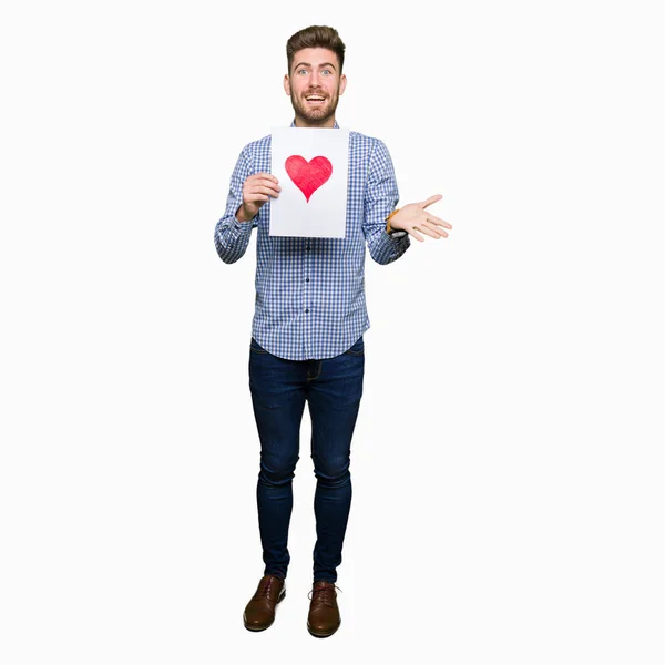 Young Handsome Man Holding Paper Red Heart Very Happy Excited — Stock Photo, Image