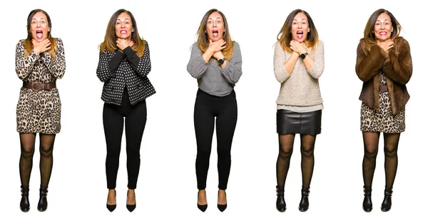 Collage Einer Eleganten Frau Mittleren Alters Vor Isoliertem Weißen Hintergrund — Stockfoto