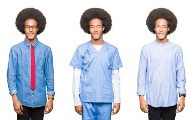 Seksi bir ifadeyle, neşeli ve mutlu yüzünü kameraya bakarak göz kırpıyor beyaz izole arka plan üzerinde afro saçlı Genç adam kolaj.