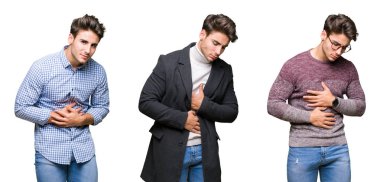 Genç yakışıklı iş adam kolaj izole mide üzerinde el ile arka plan çünkü mide bulantısı, ağrılı hastalık hasta hissediyor. Ağrısı kavramı.