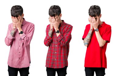 İzole edilmiş arka planda gözlük takan genç adamın kolajı. Ağlarken suratını ellerle kaplayan hüzünlü bir ifade. Depresyon kavramı.