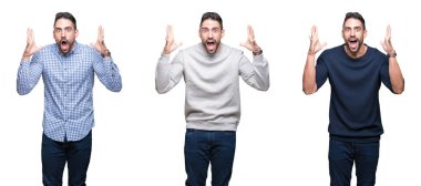 Kolaj yakışıklı iş adamı üzerinde beyaz bir arka plan çılgın kutlama izole ve başarı için kaldırdı kollarını açarak hayrete ve heyecanlı çığlık gözleri açık. Kazanan kavramı