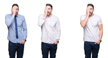 Kolaj yakışıklı iş adamı üzerinde beyaz bir arka plan kapsayan bir göz yüz ve sürpriz duygu kendinden emin gülümseme ile el ile izole.