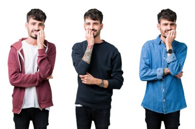 Genç adam stresli ve gergin ile izole arka plan üzerinde kolaj tırnak ısırma dudaklarından eller. Anksiyete sorunu.