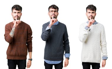 İzole edilmiş arka planda süveter giyen genç bir adamın kolajı. Dudakları parmaklarıyla sessiz olmak istiyor. Sessizlik ve gizli konsept.